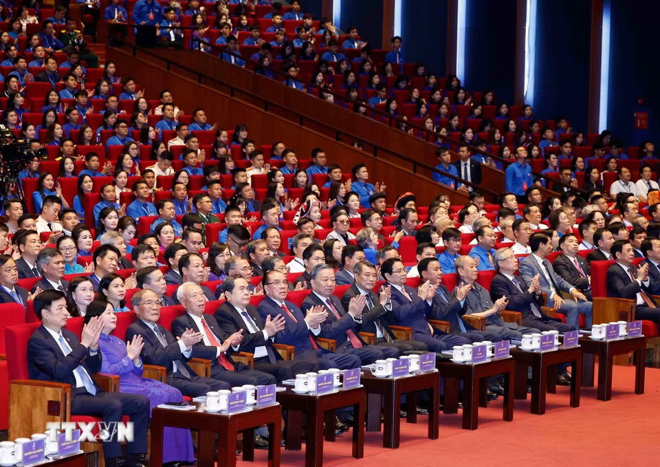 Tổng Bí thư, Chủ tịch nước Tô Lâm và các đại biểu dự Phiên trọng thể Đại hội Đoàn toàn quốc lần thứ XIII. (Ảnh: Thống Nhất/TTXVN)