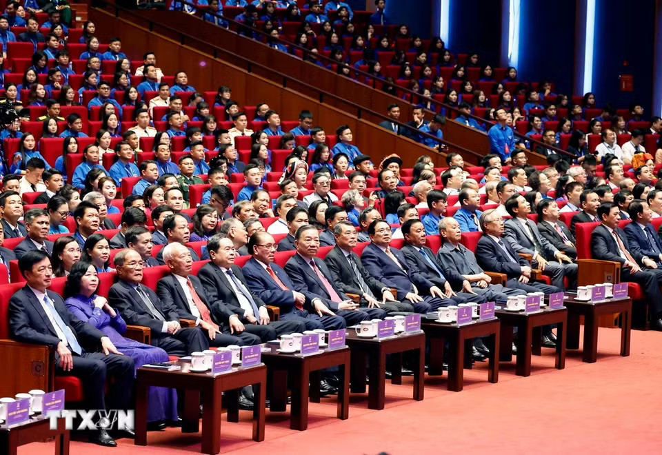 Tổng Bí thư, Chủ tịch nước Tô Lâm và các đại biểu dự Phiên trọng thể Đại hội Đoàn toàn quốc lần thứ XIII. (Ảnh: Thống Nhất/TTXVN)