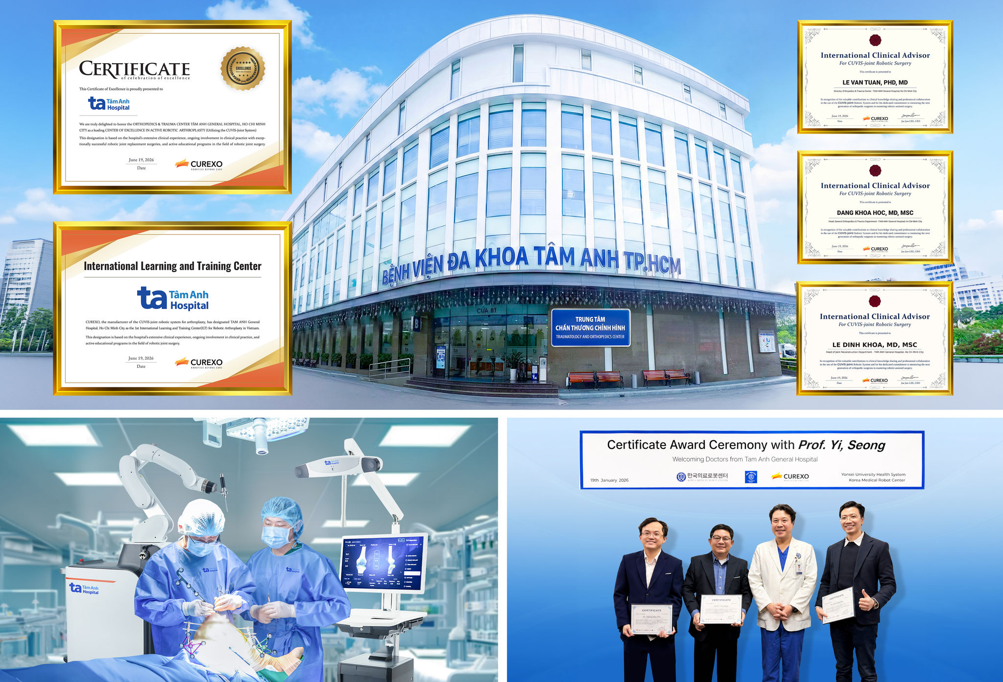 Bệnh viện Tâm Anh đạt 3 Chứng nhận quốc tế từ CUREXO sau khi các chuyên gia được đào tạo và triển khai phẫu thuật thay khớp bằng robot AI. Ảnh_ Bệnh viện Đa khoa Tâm Anh