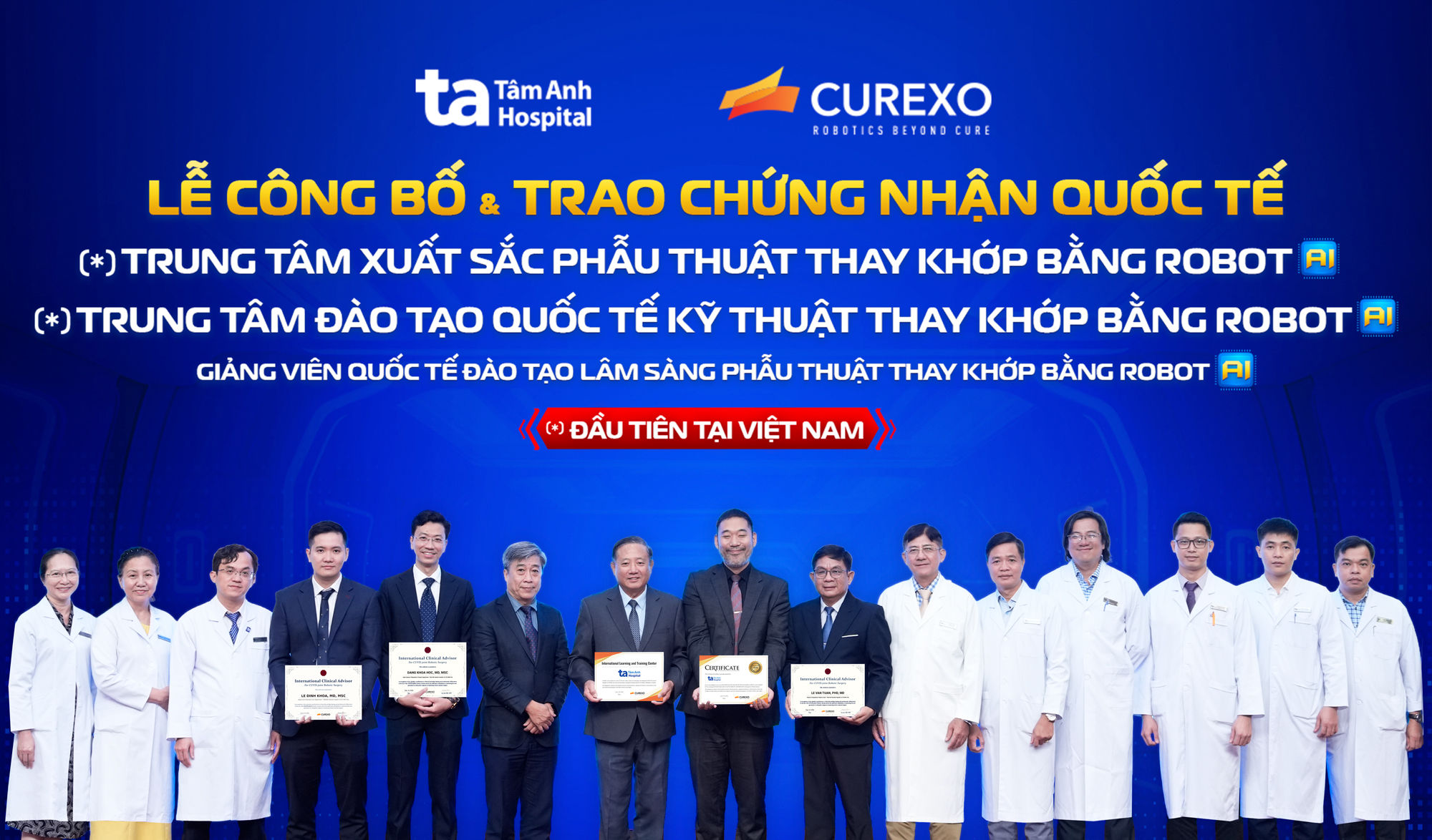 Buổi lễ trao 3 chứng nhận quốc tế xuất sắc đầu tiên tại Việt Nam về phẫu thuật thay khớp bằng robot AI CUVIS-Joint cho Bệnh viện Tâm Anh. Ảnh_ Bệnh viện Đa khoa Tâm Anh 3