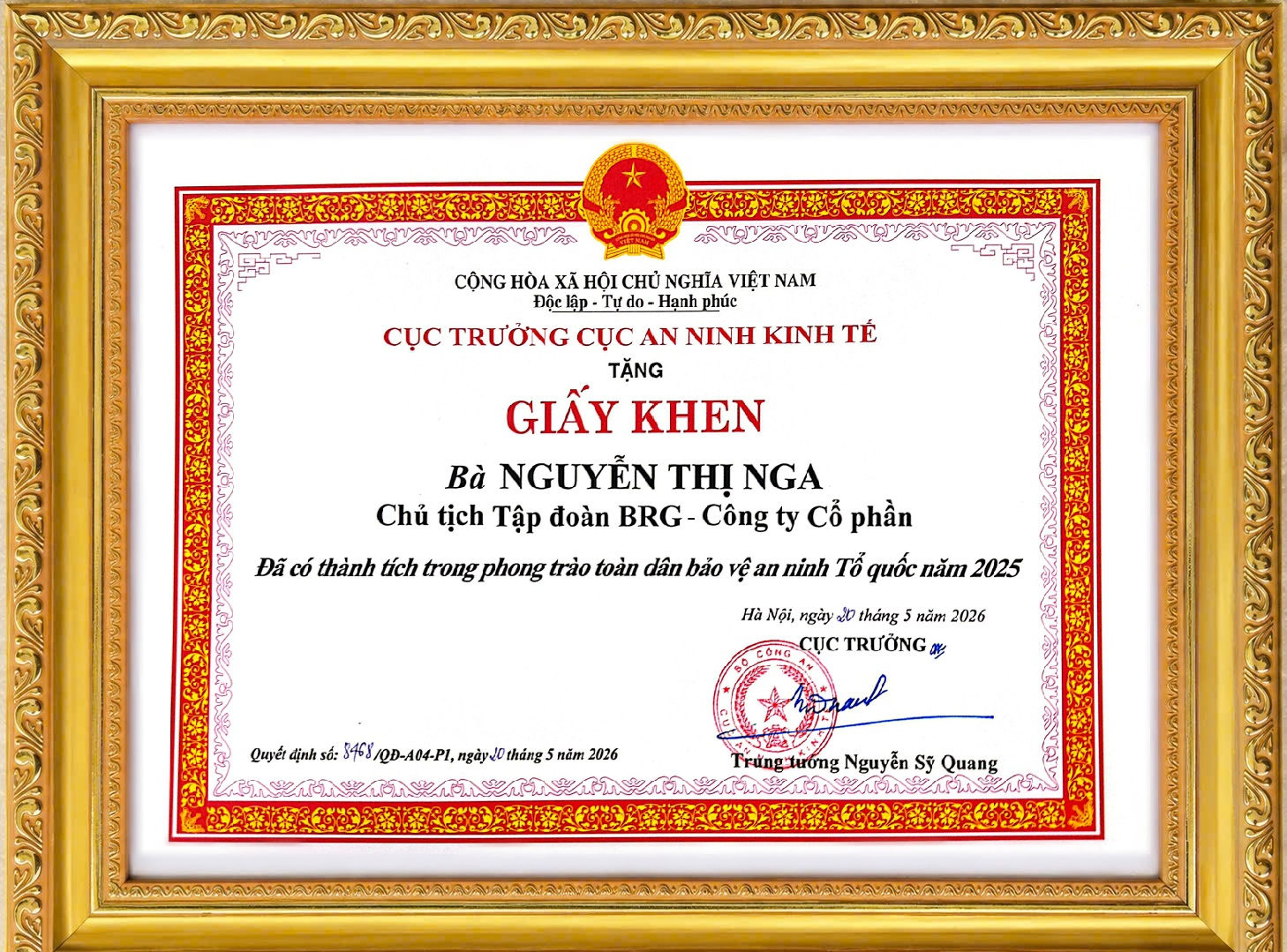 02 Giấy khen Madame Nguyễn Thị Nga - Chủ tịch Tập đoàn BRG, từ Cục An ninh Kinh tế - Bộ Công an