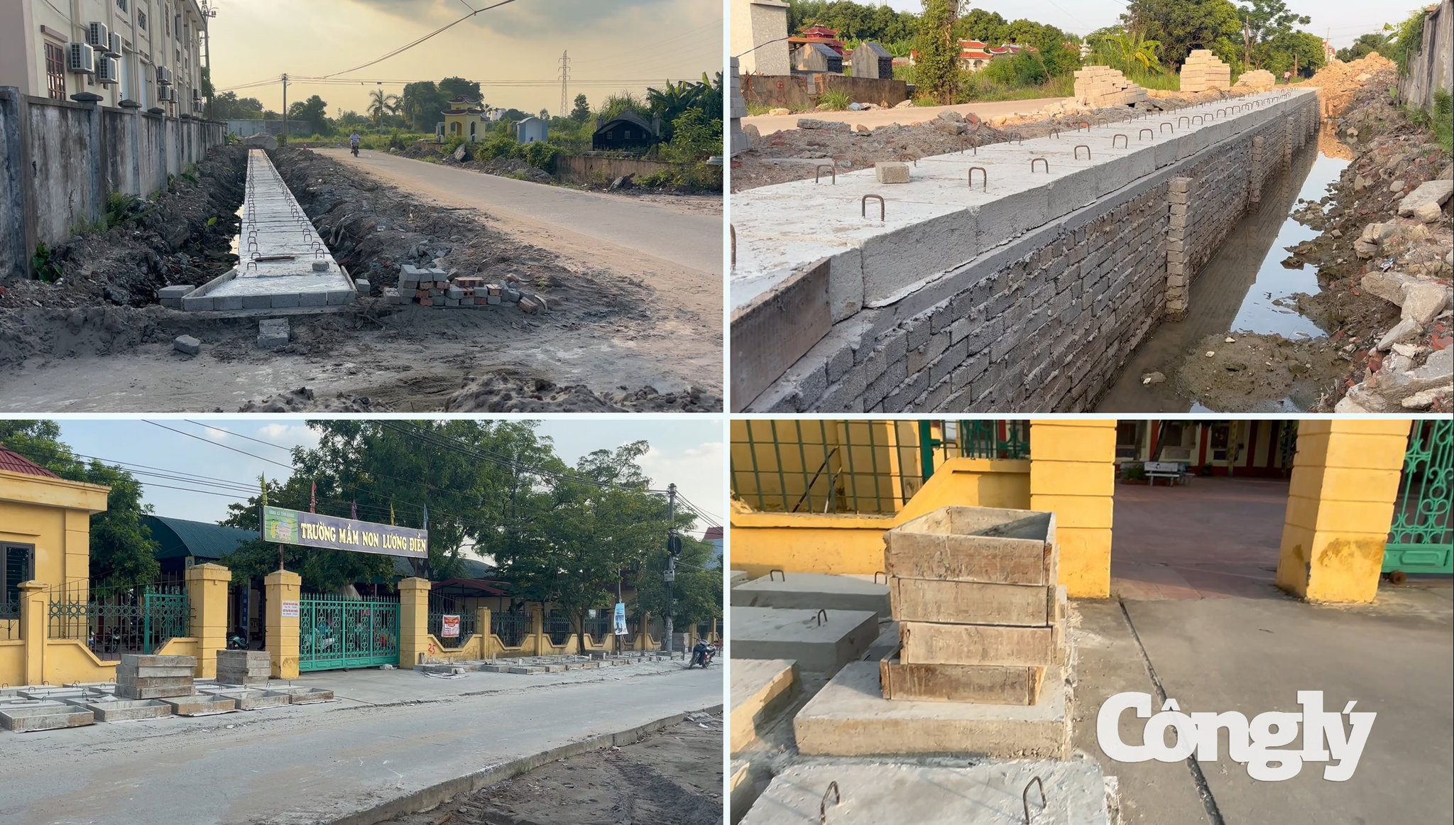 Nhà thầu dung cổng trường làm bãi tập kết vật liệu xây dựng và đúc cấu kiện kê tông làm tấm đan nhiều đoạn hố nguy hiểm không có biển cảnh báo hay căng dây báo hiệu nguy hiểm