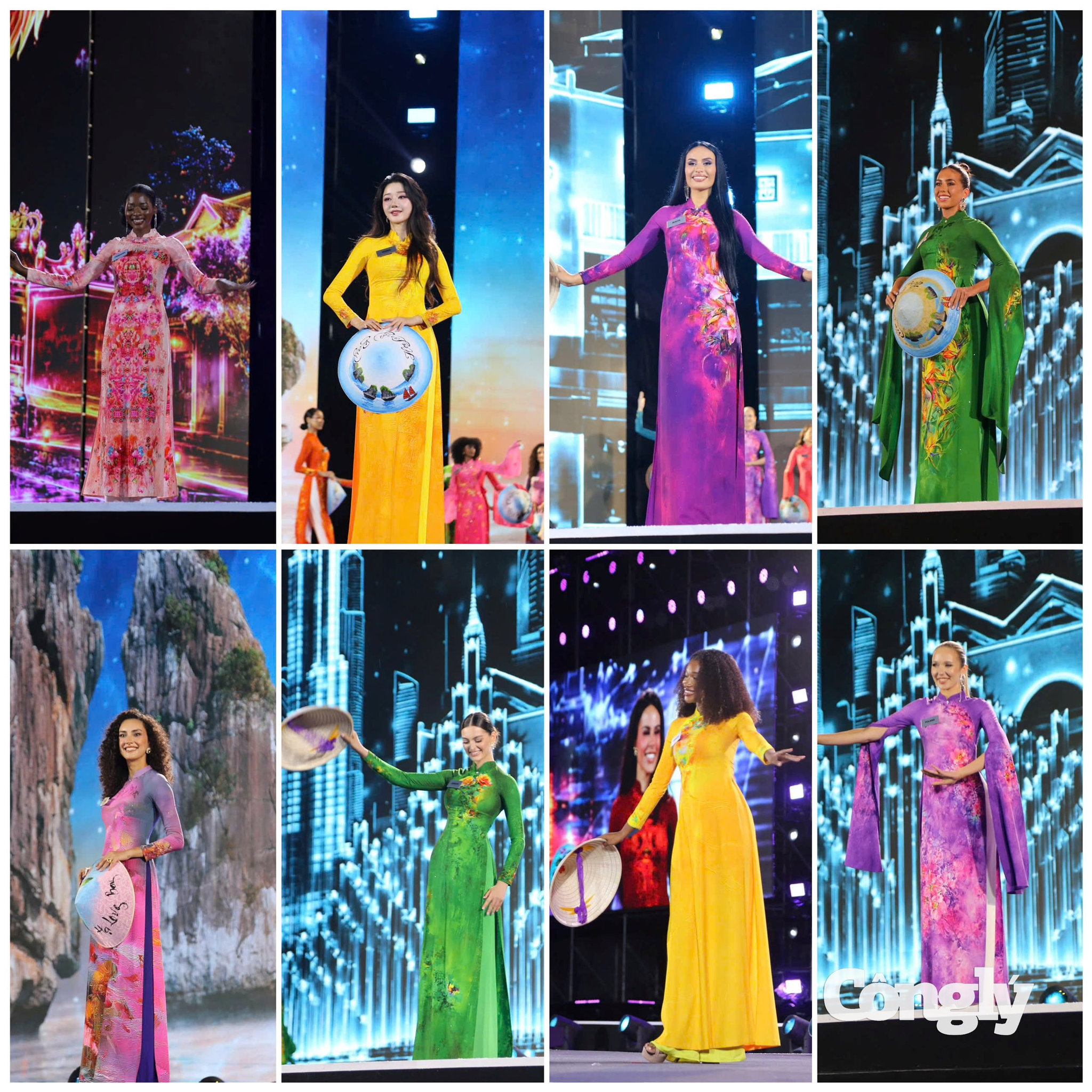 Các thí sinh Miss World 2026 trình diễn áo dài trong đêm khai mạc tại Quảng trường biển Halong Marina, Quảng Ninh. (Ảnh: TV)
