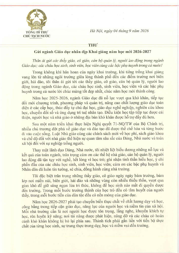 Thư của Tổng Bí thư, Chủ tịch nước Tô Lâm gửi ngành giáo dục nhân dịp Khai giảng năm học mới 2026-2027- Ảnh 1.