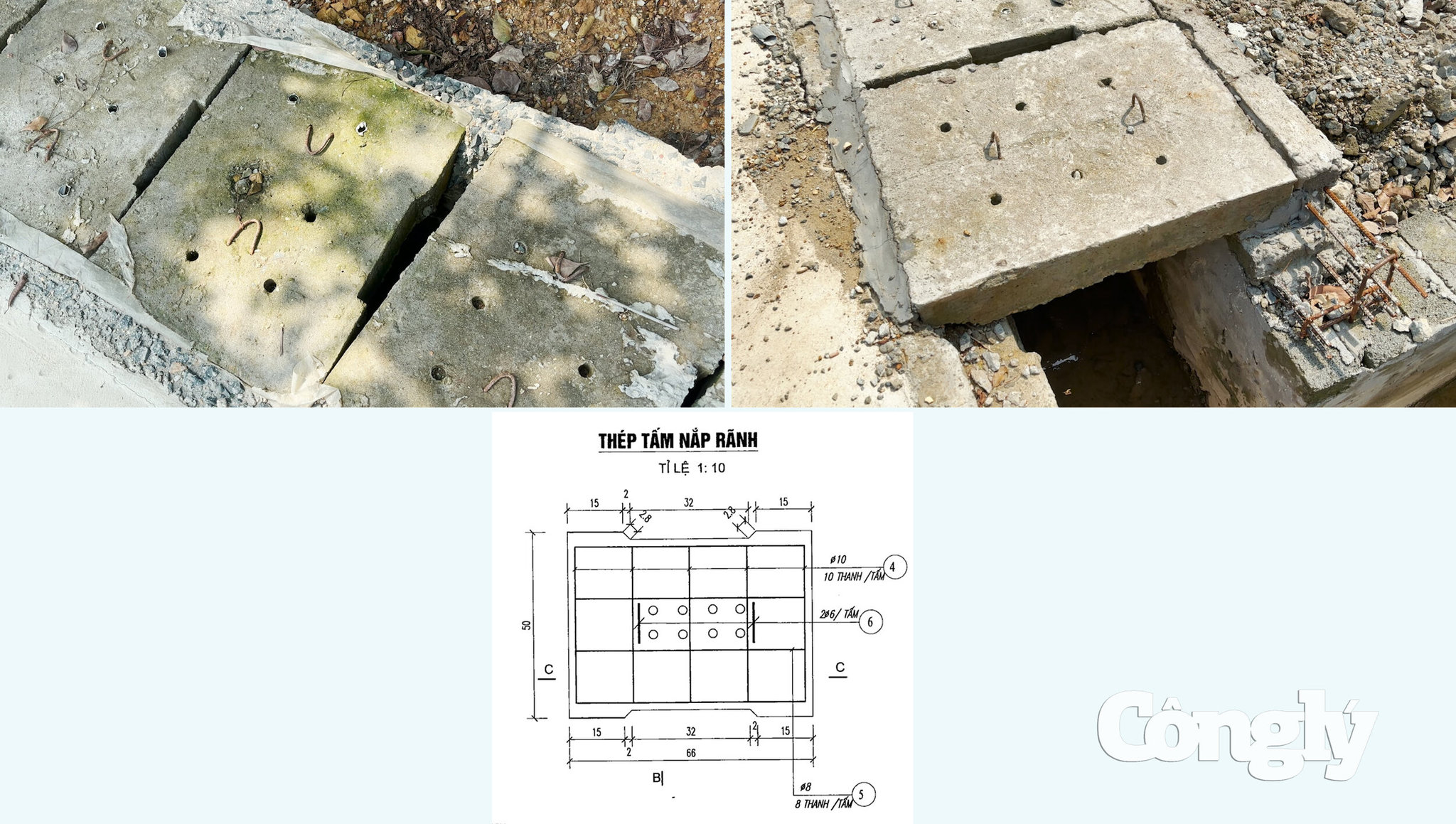 Tấm đan ở ao Đầm Bối được thi công chỉ có 6 lỗ thoát nước trong thiết kế là 8 lỗ