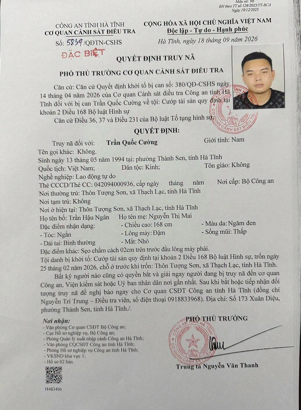 Quyết định truy nã đặc biệt đối với bị can Trần Quốc Cường