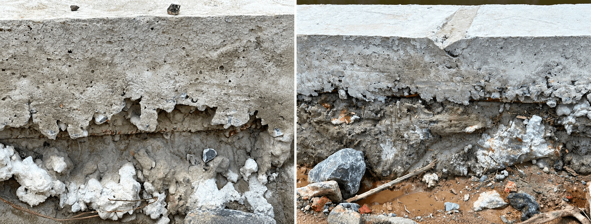 Một số vị trí kết cấu bê tông xuất hiện tình trạng dỗ bề mặt, lộ cốt liệu bên trong.