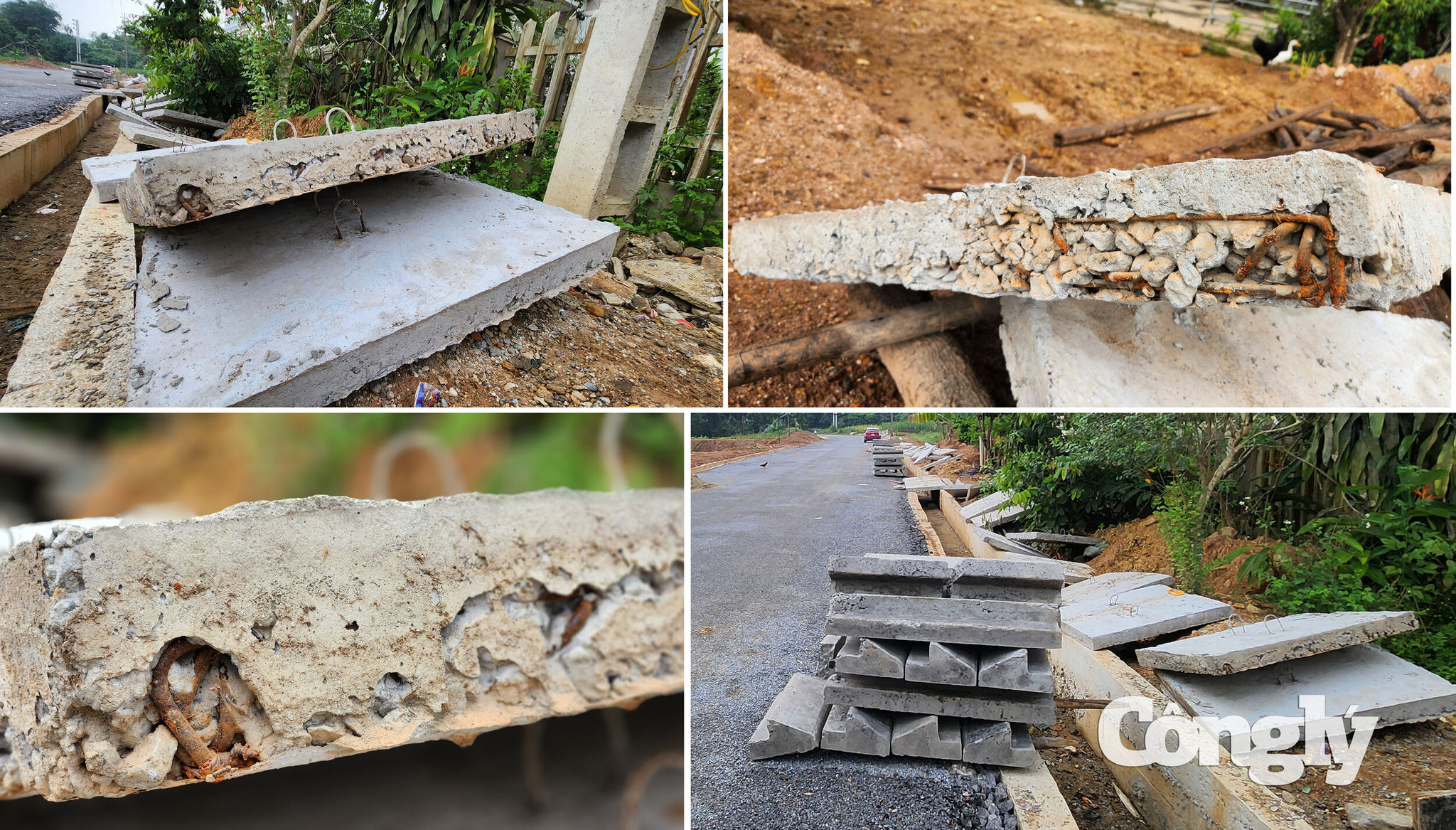 Nhiều tấm đan đậy mương thoát nước được tập kết tại công trình xuất hiện rỗ tổ ong và lộ cốt thép