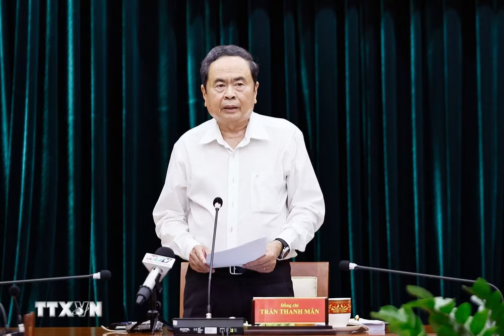Ủy viên Bộ Chính trị, Chủ tịch Quốc hội Trần Thanh Mẫn, Trưởng Đoàn kiểm tra, giám sát số 220 của Bộ Chính trị phát biểu. (Ảnh: Doãn Tấn/TTXVN) ttxvn-ctqh-5.jpg