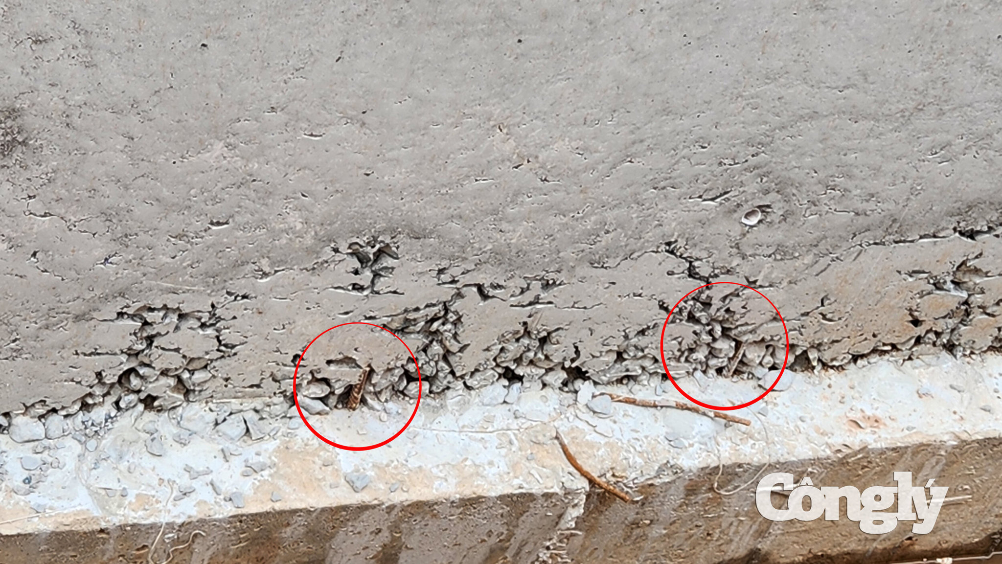 Phần chân tường kè không chỉ rỗ tổ ong mà còn lộ thép có dấu hiệu hoen gỉ