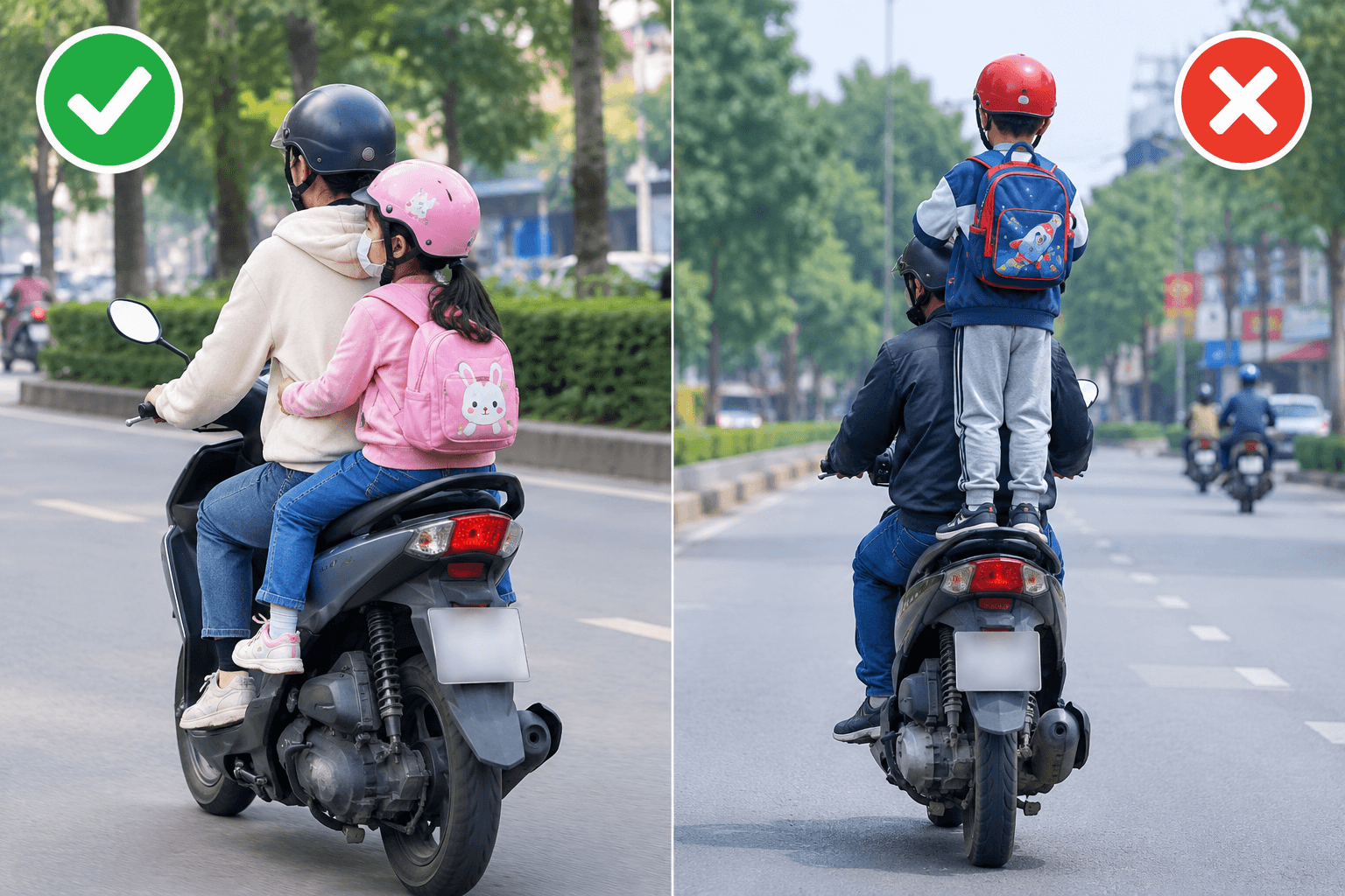 Cho trẻ đứng trên yên xe máy Có thể bị phạt tới 14 triệu đồng nếu gây tai nạn
