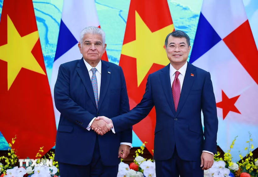 Thủ tướng Lê Minh Hưng hội kiến Tổng thống Cộng hòa Panama José Raúl Mulino. (Ảnh: Dương Giang/TTXVN)