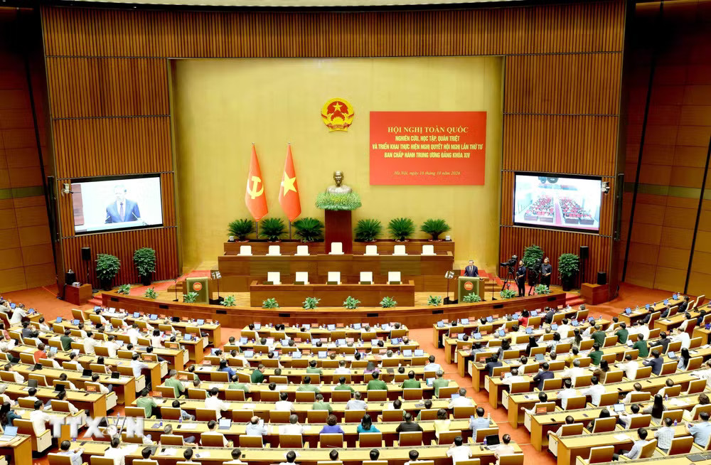 Toàn cảnh hội nghị tại điểm cầu Trung tâm - Phòng họp Diên Hồng, Nhà Quốc hội, Hà Nội. (Ảnh: Phương Hoa/TTXVN) ttxvn-toan-canh.jpg