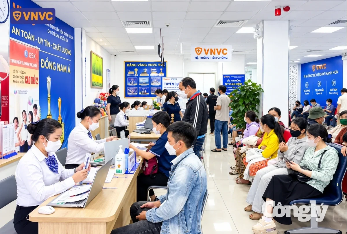 Nhiều gia đình đưa con đi tiêm vắc xin não mô cầu.