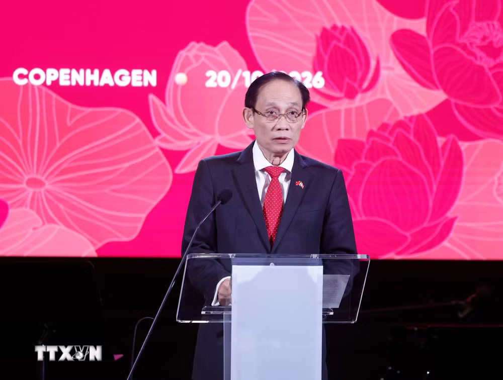 Đồng chí Lê Hoài Trung, Ủy viên Bộ Chính trị, Bộ trưởng Bộ Ngoại giao phát biểu. (Ảnh: Thống Nhất/TTXVN) ttxvn_tong-bi-thu-chu-tich-nuoc-va-phu-nhan-du-hoa-nhac-ky-niem-55-nam-quan-he-ngoai-giao-viet-nam-dan-mach-7369.jpg