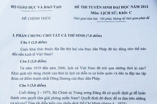 Đề thi môn Lịch sử khối C - 2012