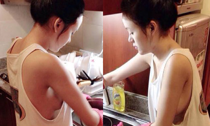 Bà Tưng bị "ném đá" vì khoe ngực "thả rông" khi rửa bát