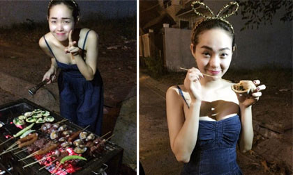 Minh Hằng đáng yêu đeo tai thỏ trong tiệc nướng tại gia đình