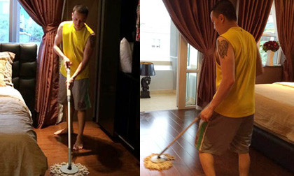 Cao Thái Sơn tự tay lau dọn phòng ngủ mới