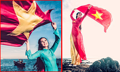 Ngọc Hân mặc áo dài tung bay cờ đỏ sao vàng trên đảo Lý Sơn