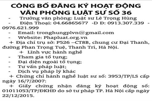 Công bố đăng ký hoạt động Văn phòng Luật sư số 36
