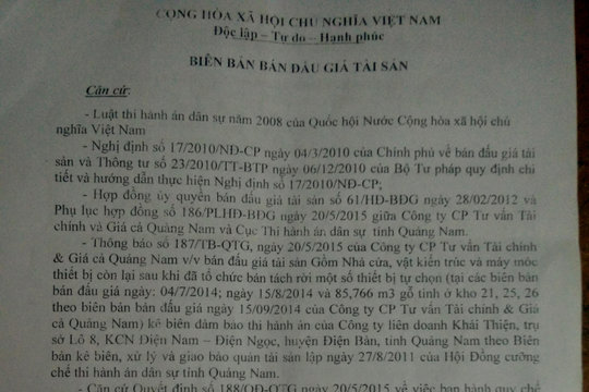 Bán đấu giá tài sản tại Công ty LD Khải Thiện (Quảng Nam): Cơ quan thi hành án phớt lờ quyền lợi của doanh nghiệp
