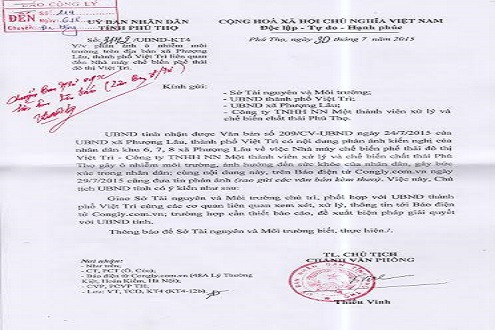 Hồi âm bài báo: "Phú Thọ: Ô nhiễm từ nhà máy xử lý và chế biến chất thải"