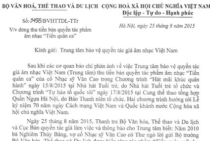 Yêu cầu dừng việc thu tiền bản quyền nhạc phẩm Tiến quân ca