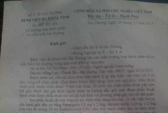 Hải Dương: Một bệnh nhân tử vong sau khi mổ ruột thừa
