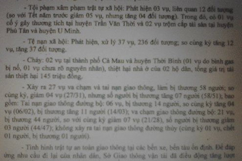 Cà Mau: Tệ nạn xã hội trong 9 ngày Tết tăng 12 vụ so với năm 2015