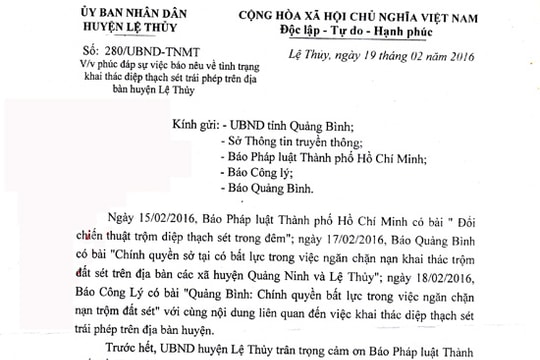 Quảng Bình: UBND huyện Lệ Thủy phúc đáp việc khai thác trái phép đất sét trên địa bàn