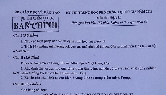 Đề thi và gợi ý lời giải môn Địa lý THPT quốc gia 2016