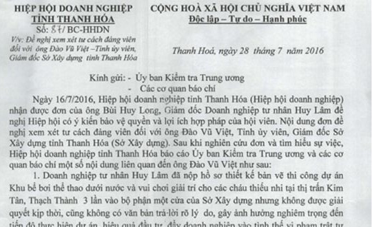 Thanh Hóa: Chủ tịch Hiệp hội doanh nghiệp tỉnh chính thức “tố” Giám đốc Sở Xây dựng