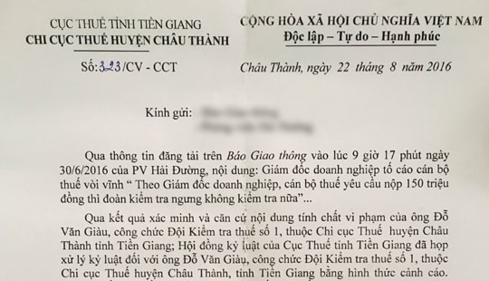 Kỷ luật một cán bộ thuế có hành vi vòi vĩnh doanh nghiệp