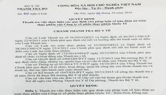 Công ty cổ phần thực phẩm Quốc tế bị thanh tra an toàn thực phẩm