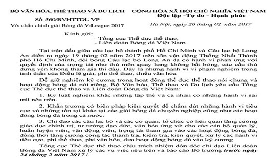 Bộ Văn hóa, Thể thao và Du lịch yêu cầu chấn chỉnh V-League 2017