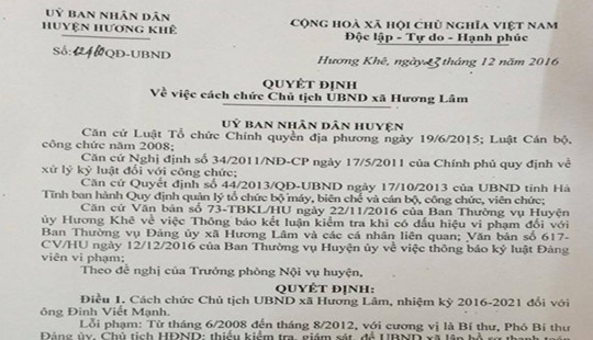 Hà Tĩnh: Kỷ luật Bí thư, Chủ tịch xã vì xảy ra nhiều sai phạm