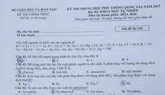 Đề thi môn Hóa học THPT quốc gia 2017