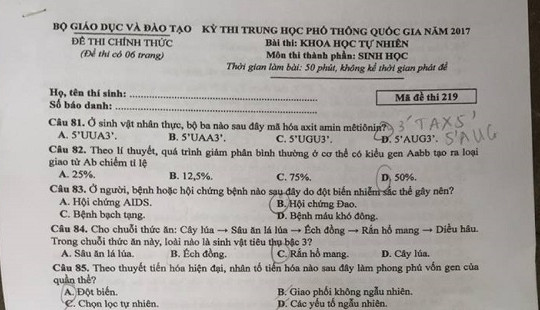 Đề thi môn Sinh học THPT quốc gia 2017