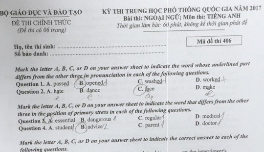 Đề thi môn tiếng Anh THPT quốc gia 2017