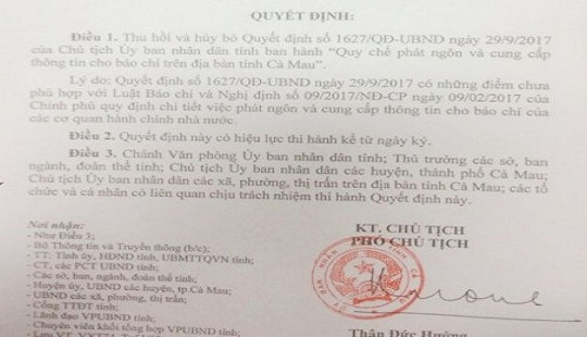 Cà Mau: Thu hồi Quy chế phát ngôn và cung cấp thông tin cho báo chí gây sốc