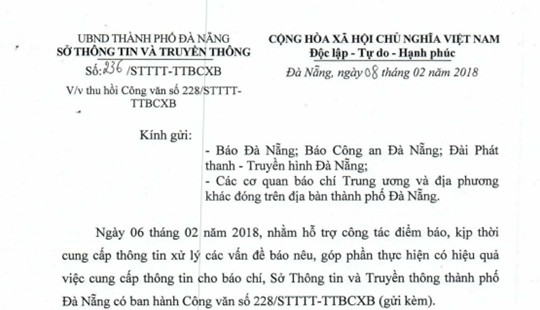 Sở TT&TT Đà Nẵng thu hồi công văn ban hành trái Luật báo chí