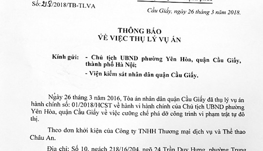 Hà Nội: Chủ tịch UBND phường Yên Hòa bị khởi kiện