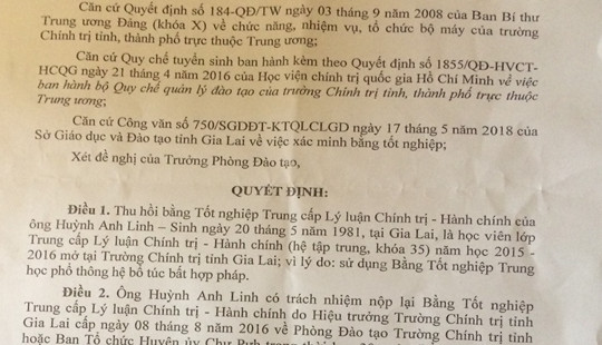 Chỉ huy trưởng BCH quân sự xã sử dụng bằng cấp ba giả, bị thu hồi bằng chính trị