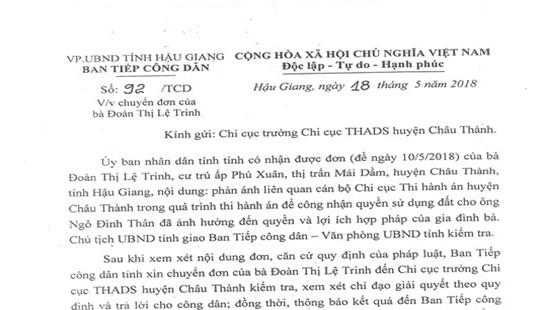 Vụ người dân tố chấp hành viên thi hành án trái luật: UBND tỉnh Hậu Giang chỉ đạo làm rõ