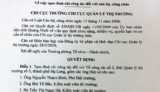 Tạm đình chỉ 3 cán bộ Quản lý thị trường Quảng Ninh