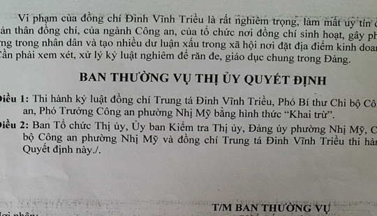 Phó trưởng Công an phường bị khai trừ khỏi Đảng