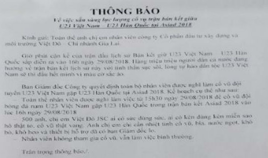Nữ Giám đốc cho “500 anh chị, em” nghỉ làm, để cổ vũ trận Olympic Việt Nam