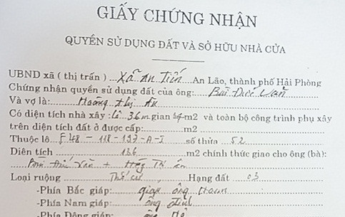 Huyện An Lão - Hải Phòng: UBND xã cấp.... Giấy chứng nhận quyền sử dụng đất