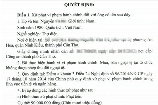 Đổi 100USD bị phạt 90 triệu đồng: Công an Cần Thơ thông tin chính thức